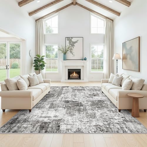 12x12ft Square Living Room Rug – Non-Slip Washable Extra Large Floor Carpet for Bedroom, Dining Room, Playroom Room – Modern Abstract Neutral Thin Low-Pile Big Indoor Rug (Grey) by ZHXXUJ