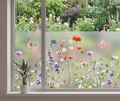 Static Cling Window Privacy Film, 78" x 17" Frosted Glass Covering with Wildflower & Botanical Patterns, Removable No Glue Window Film for Home Bathroom Bedroom Office (Butterfly Floral) by TAMHOO
