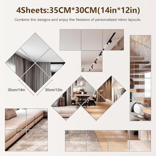 Shiftshade Mirror Wall Full Length,12X14 Inch Unbreakable Mirror Tiles for Bedroom Home Gym Door, Acrylic Mirror Full Body Shatterproof Mirror Stickers for Walls,Mirror Sheets (4pcs) - Image 2