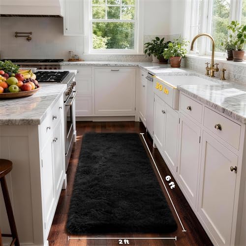 Ophanie Runner Rug for Hallway, 2x6 Bedroom Black Runner Rugs, Non Slip Fluffy Soft Shaggy Bedside Carpet for Kids Girls Boys Home Decor Aesthetic, Dorm Nursery - Image 2