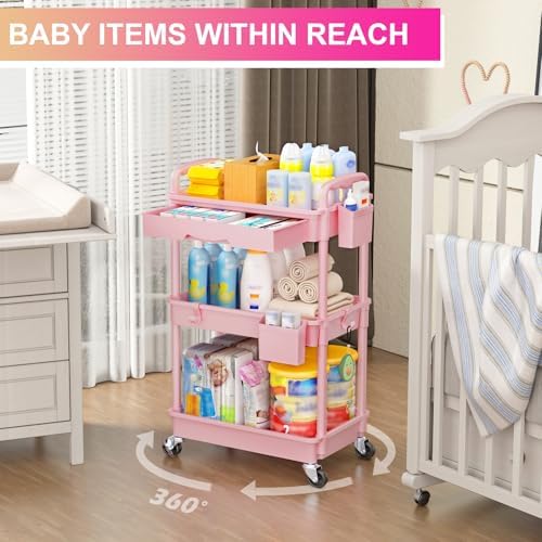 Goovilla 3 Tier Rolling Utility Cart Organizer with Removable Drawer, Pink - Image 6