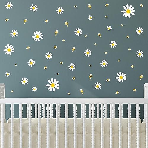 White Daisy and Bees Wall Stickers Easy to Peel and Stick Retro Flower Wall Decals for Girls Bedroom Nursery Living Room Office Floral Wall Decor - Image 4