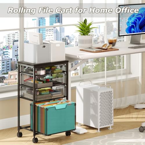 Sbanmao Rolling File Cart with 4 Storage Drawers, Mobile File Cabinet with Wheels, Hanging File Organizer, Under Desk Printer Stand Utility Cart Filing Cabinet for Home Office, Black - Image 6