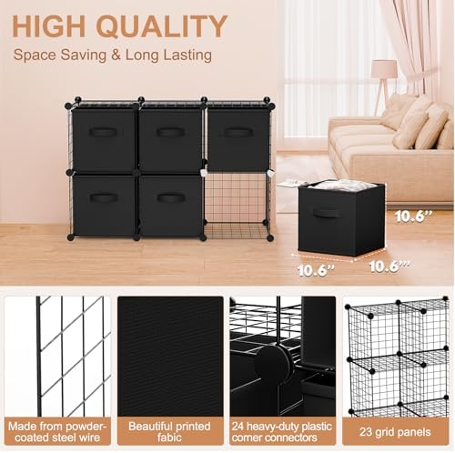 Leinuosen 6 Cube Storage Organizer with 6 Foldable Fabric Storage Bins, Metal Wire Grid Shelves, Stackable Modular Closet Organizer for Bedroom Living Room Office Toys Books(Black,Black) - Image 2