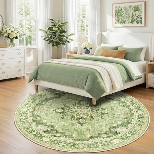 RELEANY Washable Area Rug, Round 8ft, Green/Yellow - Image 3