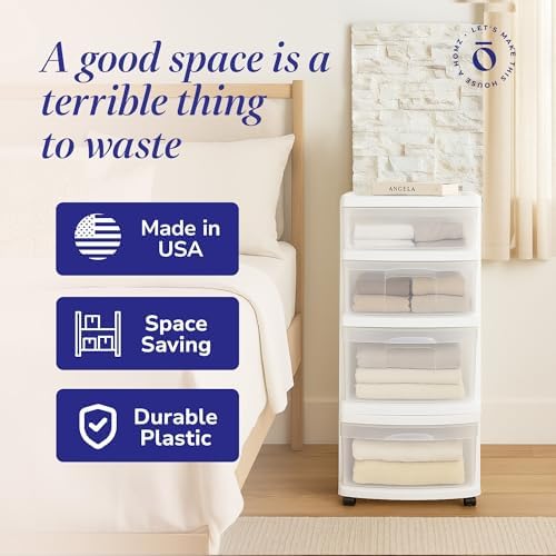 HOMZ Drawer Tower, 4-Tier Storage Cart with Removable Wheels, White Frame - Image 6