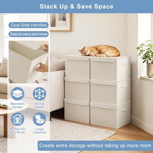 Bagnizer Large 22 Quart [4-Pack] Linen Fabric Foldable Storage Bin Cube Organizer Basket with Flip-Top Lid & Handles, Clothes Blanket Box for Home, Office, Closet (14.6 x 9.5 x 9.5, Beige) - Image 5