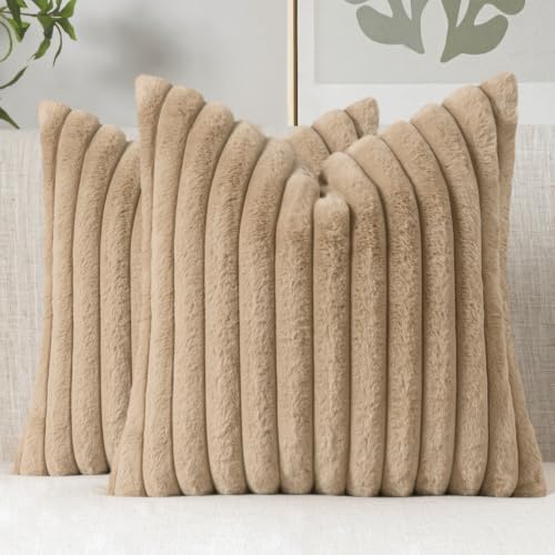 MIULEE Faux Fur Decorative Euro Sham Pillow Covers 24x24 Khaki 2 Pack by MIULEE