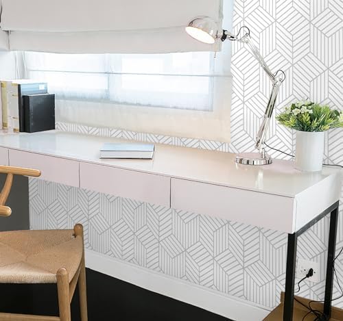 CiCiwind 17.7"x197" Peel and Stick Wallpaper White Silver Wallpaper Geometric Striped Hexagon Contact Paper Removable Self-Adhesive Wallpaper Textured Contact Paper for Bedroom Study Room Walls - Image 3