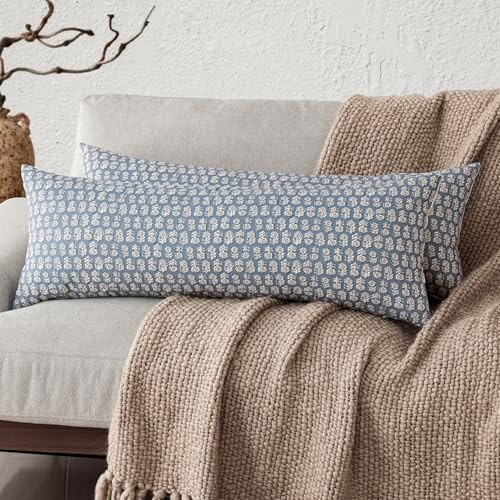 Foindtower Long Floral Print Lumbar Throw Pillow Covers 14×36 Dusty Blue by Foindtower