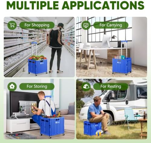 Folding Utility Cart with Lid, Portable Rolling Crate Handcart Collapsible Shopping Trolley, Durable Plastic Foldable Tool Basket with 4 Rotate Wheels for Grocery, Office, Luggage, School - Blue - Image 6