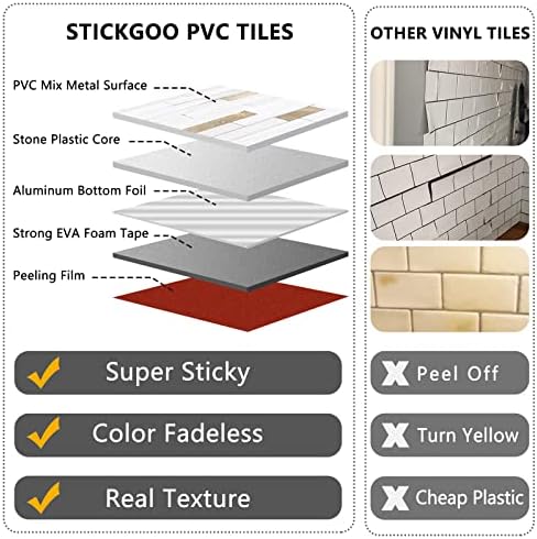STICKGOO 20 Sheets Peel and Stick Backsplash Tile, Stick on Backsplash for Kitchen and Bathroom, Dolomite White Marble Look PVC Mixed Metal Gold Self Adhesive Wall Tiles - Image 4