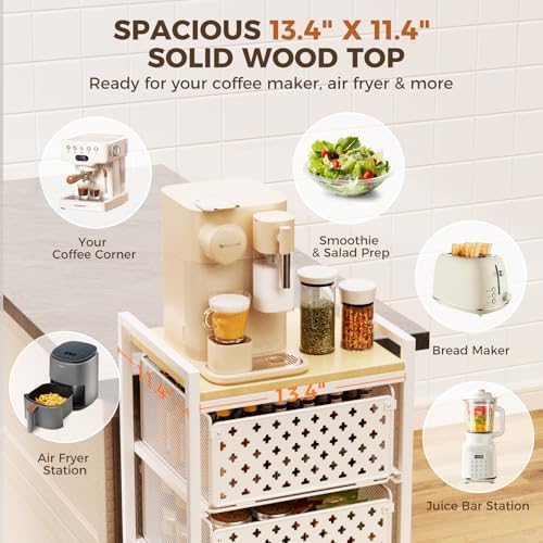 5 Tier Kitchen Storage Cart with Wheels, Utility Fruit Vegetable Storage Rack Stand with Pull-Out Baskets & Wood Top, Metal 4-Drawers Rolling Snack Cart, Kitchen Cart for Potato Onion(White) - Image 3