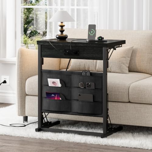 Folding C Table with Charging Station, C Shaped End Table, Sofa Tv Tray Table, Folding Side Table for Sofa, Couch Table with Storage Bag for Living Room, Bedroom Black SC-005B - Image 5