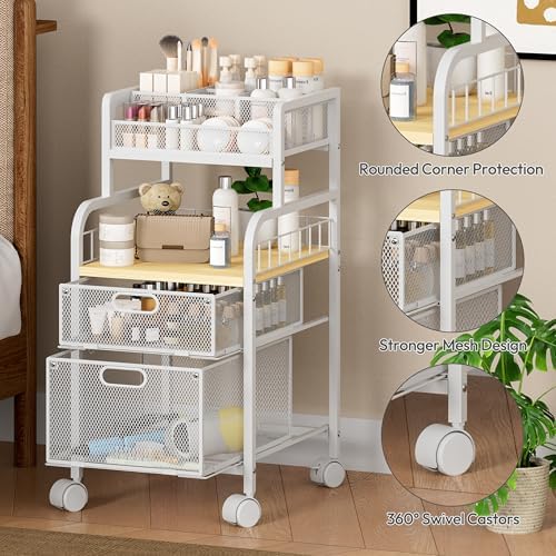 SWTYMIKI Rolling Cart with Drawers - Metal Craft Cart with Wheels, DIY Divider and Wood Shelf, Art Supply Organizer for Under Desk Storage, Utility Storage Cart for Home Office Studio, White - Image 5