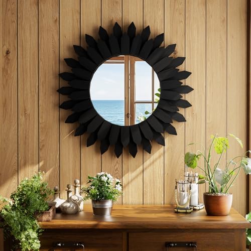 20" Black Round Sunburst Wooden Mirror Boho Rustic Wall Decor - Image 6