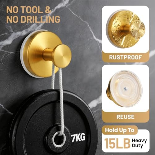 Suction Cup Hooks for Shower No-Drill Bathroom Hooks for Towels, Robes, Loofah Mountable on Bathroom Walls, Kitchen, Glass, Mirrors, Tile and Smooth,Non-Porous Surfaces (4, Brushed Gold) - Image 2
