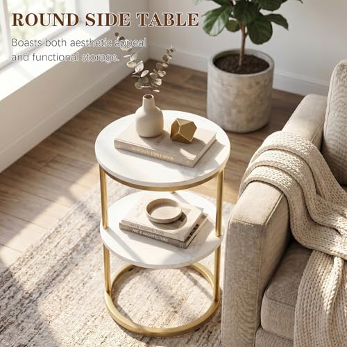 C Shaped end Table,2 Tier Wood Round Side Table for Couch,Small Sofa Table with Metal Frame for Bedroom,Living Room,Bedside,Gold(11.8" D x 11.8" W x 22.9" H) - Image 6