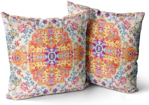 Snycler Orange Blue Ethnic Boho Pillow Covers 18x18 in Boho Carpet Cream Coral Floral Decorative Couch Pillow Cases with Zipper Set of 2 Home Decor for Living Room Bedroom Bed Cushion Outdoor by Snycler