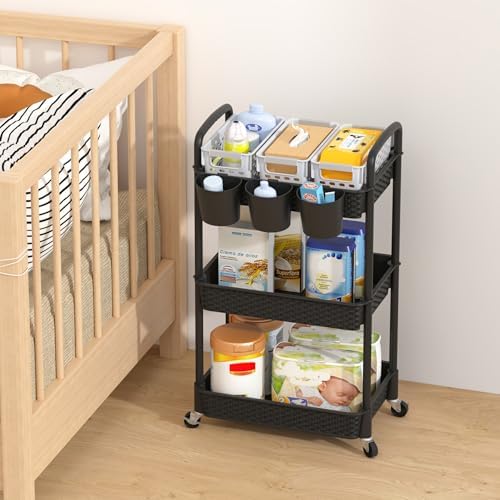 MOYIPIN 3-Tier Plastic Rolling Utility Cart with Handle,Utility Storage Cart for Office, Living Room, Kitchen,Movable Storage Organizer Shelves,Black with 3 Hanging Cups - Image 7
