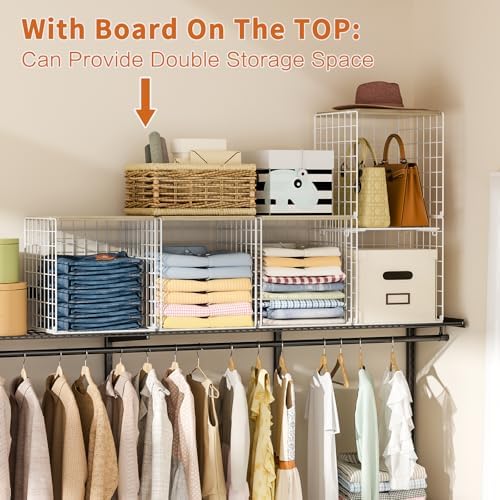 Hencawima 5PCS Stackable Closet Organizers and Storage, Closet Shelves with Wood Top Extra Storage, Clothes Storage Organizer Basket Bin/Cube for Home Wardrobe Organization(White-Sturdy Metal) - Image 5