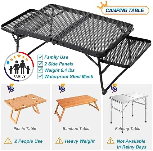 Small Low Camping Table with 2 Wing Panels, Folding Low Picnic & Outdoor Table with 2 Shelves, Lightweight & Easy Carry for Beach, Fishing, Sturdy Steel Mesh Top (3 FT, Black) - Image 4