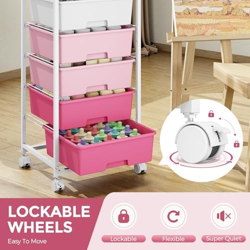 6 Drawer Rolling Storage Cart with Wooden Top and Wheels for Crafts, Pink - Image 4