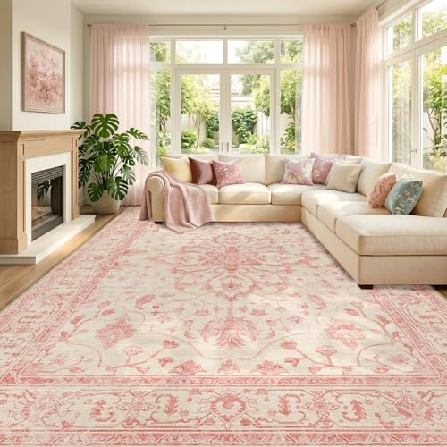 RELEANY Washable Area Rug, Large 9'x12', Pink/Light Vintage Pink by RELEANY
