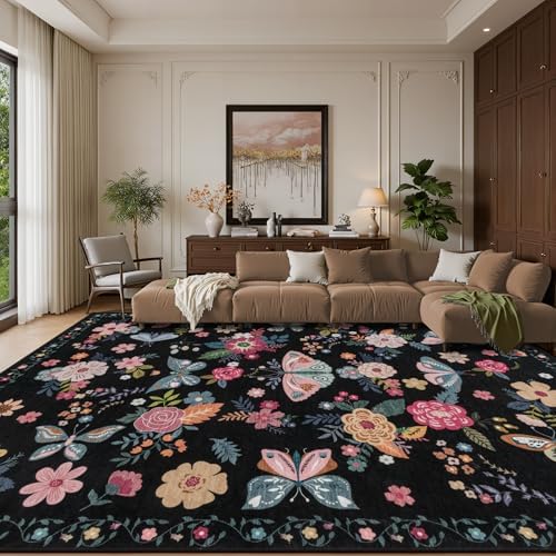 8x10 Area Rug Living Room: Soft Floral Washable Boho Carpet Black - Image 2