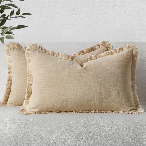 MIULEE Boho Linen Fringe Decorative Lumbar Throw Pillow Covers Beige 12x20 by MIULEE