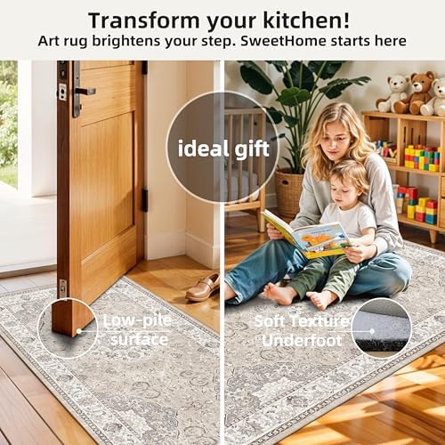 Washable Kitchen Rug Set of 3: Boho Non-slip Soft Stove Sink Mat Light Weight Stain Resistant Carpet for Dog Bowl Area Comfort Tile/Hardwood Floors Protection Mat for Entryway Foyer(2x3+2x4+2x5,Beige) - Image 3