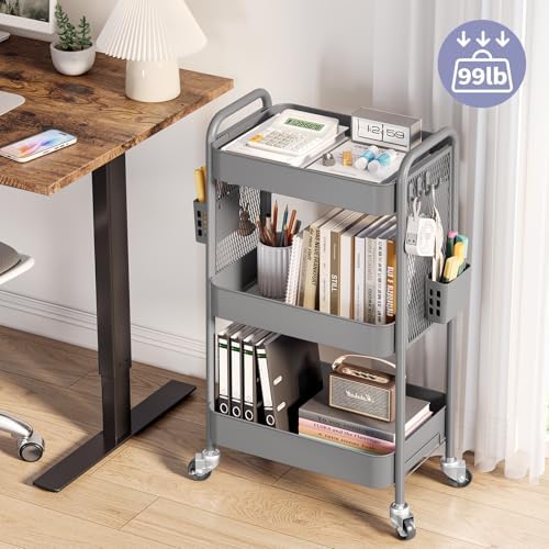 TOOLF 3 Tier Rolling Cart, Metal Utility Storage Cart with Pegboard, Grey | 2 Bins & 4 Hooks, Screwless Assembly, Lockable Wheels, Trolley Organizer for Bathroom, Kitchen, Office, Dorm, Craft Room - Image 2
