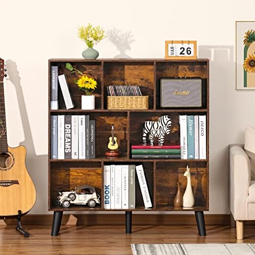 LEYAOYAO 8 Cube Bookshelf, Mid-Century Modern Book Shelf with Legs, Brown - Image 4