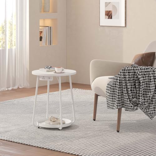 sthmec Small Round Side End Table with Storage and Charging Station, 2 Tier Round Bedside Sofa Couch Coffee Tables with Tray, Metal Nightstand for Small Spaces, Living Room Bedroom, White - Image 2