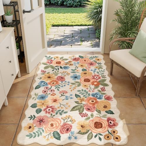 DUKINO 3x5 Area Rugs, Non Slip Floral Washable Rug for Bedroom Beige Yellow by DUKINO