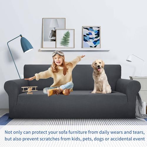 MAXIJIN Stretch Loveseat Sofa Slipcovers 1 piece Love Seat Couch Covers for 2 Cushion Couch Non Slip Sofa Cover Washable Dog Cat Proof Furniture Protector Pet Friendly (Loveseat, Gray) - Image 2