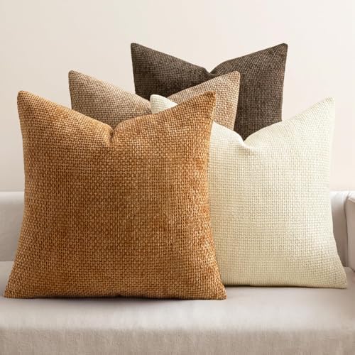 MIULEE Decorative Chenille Fall Euro Pillow Covers Brown 22x22 Pack of 4 by MIULEE