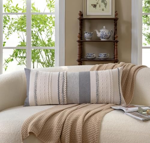 Cethom Boho Lumbar Pillow Covers 14x36 Inch Long, Grey Textured Decorative Couch Pillow Cases for Farmhouse Home Decor, Accent Cushion Cover for Sofa, Bed, Living Room, Bedroom, Pack of 1 - Image 2
