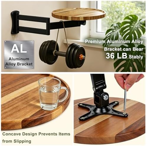 Wall Mounted Folding Table,11" Acacia Bedside Shelf Wall Mount Floating Wall Desk with 36 LBS Capacity for Small Spaces,Round Wood Tabletop with 720° Rotatable Aluminum Alloy Brackets - Image 4