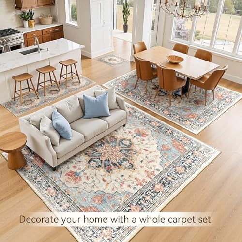 RELEANY Washable Area Rug, Runner 2'x10', Beige/Blue/Orange - Image 3