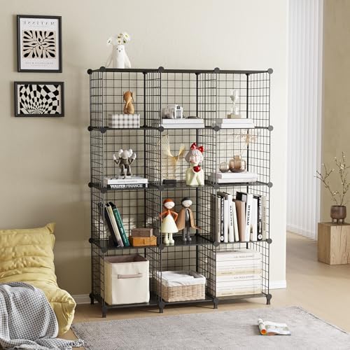 12-Cube Storage Organizer Metal Wire Shelf for Closet Office Black - Image 5