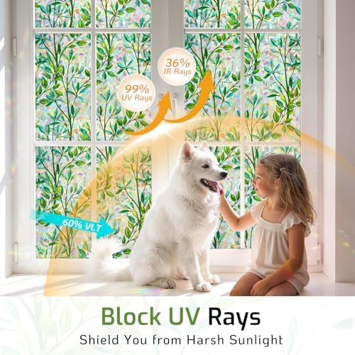 LUTE Stained Glass Window Privacy Film, Rainbow Decorative Cling, Leaf - Image 4