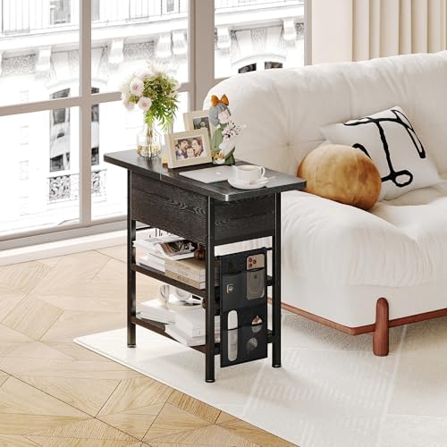 End Table with Charging Station, Flip Top Nightstand with USB Ports and Outlets,Couch Side Table with Fabric Bag and Hooks, Bedside Table for Space Saving, Living Room, Bedroom (Black) - Image 2