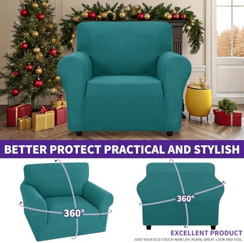 ZNSAYOTX Super Stretch Chair Slipcover Universal Sofa Chair Covers for Living Room Dogs Pet Furniture Protector Spandex Armchair Slipcovers with Anti Slip Foam Sticks (Peacock Teal, Chair) - Image 2