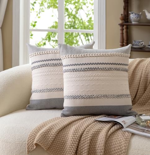 Cethom Boho Throw Pillow Covers 18x18 Inch Set of 2, Grey Textured Decorative Couch Pillow Cases for Farmhouse Home Decor, Accent Cushion Cover for Sofa, Bed, Living Room, Bedroom - Image 2