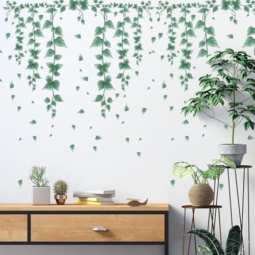 Hanging Green Vine Wall Decals,Succulent Plants Wisteria Floral Flowers Butterflies Birds Wall Stickers, Self-Adhesive Vinyl Removable Living Room Sofa TV Wall Decor by ZARROUEA