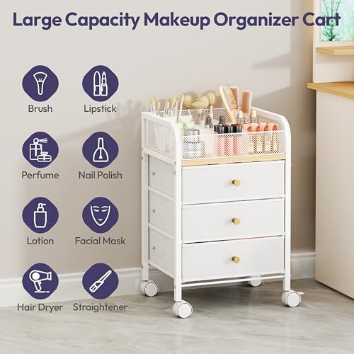SWTYMIKI Rolling Makeup Organizer Cart - 14.96″*11.81″*23.03″ Widened Under Desk Vanity Storage with 3 Non-woven Drawers, Cosmetic Display Cases for Skin Care Perfume Nail Polish Brush Hair Tool White - Image 4