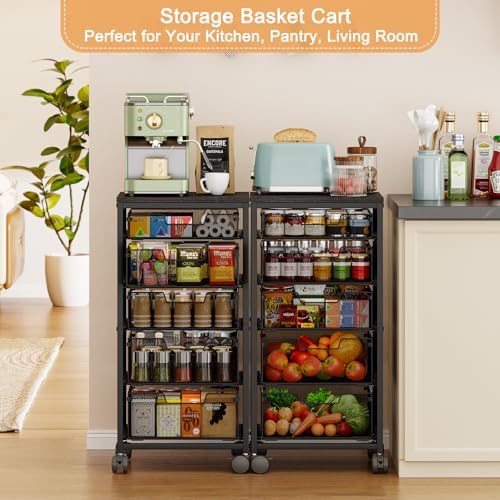 Kitchen Storage Cart with Drawer, 5-Tier Fruit Vegetable Storage Cart, Kitchen Organizer and Storage Cart with Wheels, Wooden Top Metal Wire Pantry Storage Cart rack for Fruit Snack Onion Potato - Image 5