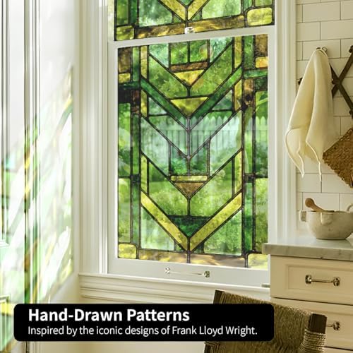 Faux Stained Glass Effect Transparent Window Film, Original Hand Drawn Static Cling Home Decal Inspired by Frank Lloyd Wright, 22.83" x35.43" Martin House, Green - Image 6