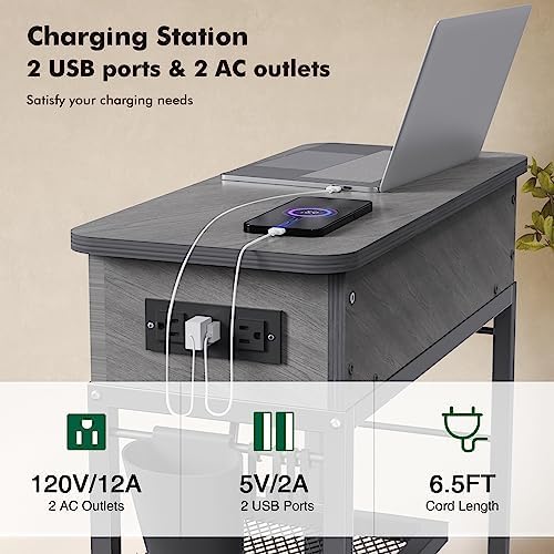 Colima Lift Top End Table with Charging Station and Wheels, Gray - Image 5